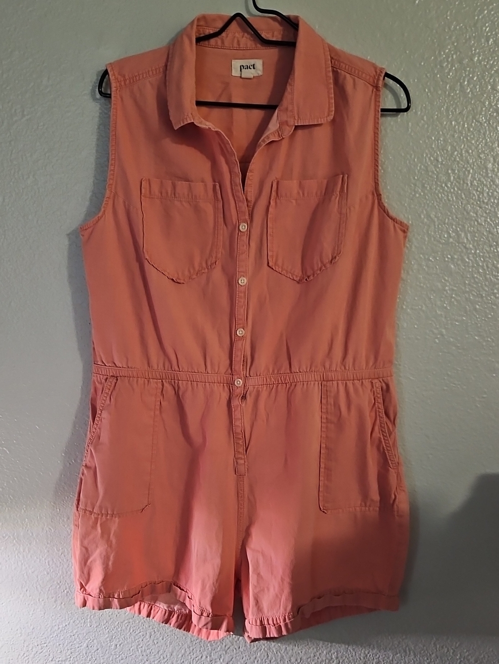Pact Organic Coral Pink Sleeveless Button Front Romper - EUC Size L